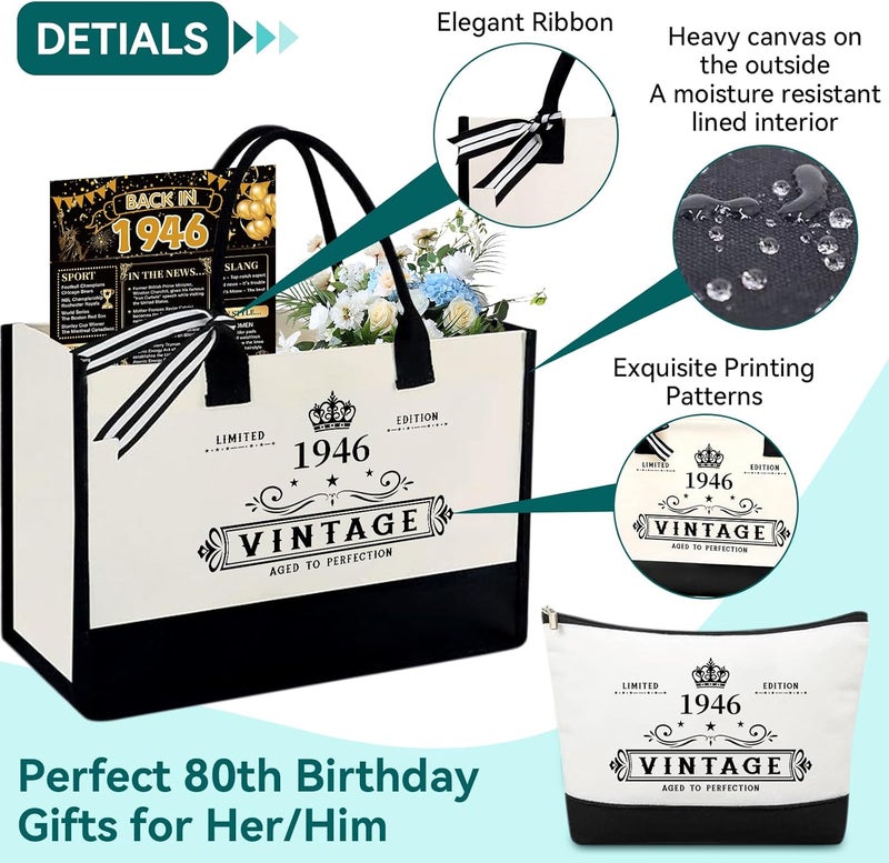 TrophyToast 80th Birthday Gifts for Women Her- 4 pcs, Turning 80 Year Old Gifts, Decorations Canvas Beach Tote Bag & Makeup Bag, Unique Happy 80th Present for Her Mom Wife Friends - Image 3